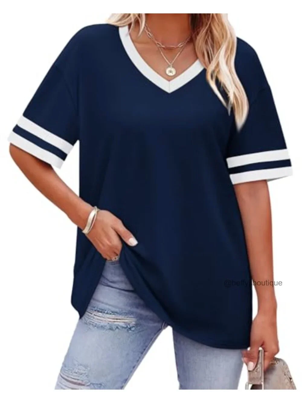 Loose Fit V-Neck Short Sleeve Color Block Tee